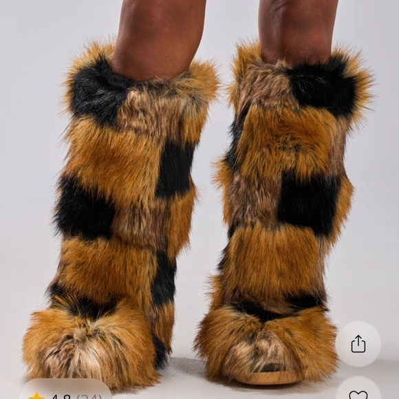 Faux Fur Women's Moccasins - Black and Brown - Picture 2 of 4